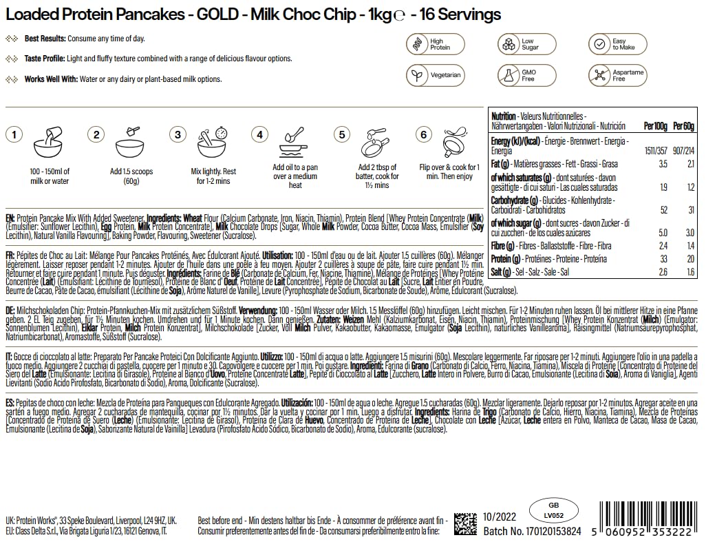 Protein Works | Loaded Protein Pancakes – GOLD Innovation, Préparation Pancakes Protéinés Premium, Petit-Déjeuner Riche en Protéines, Faible Sucre & Gras, Pépites de Choc au Lait, 16 Portions, 1kg