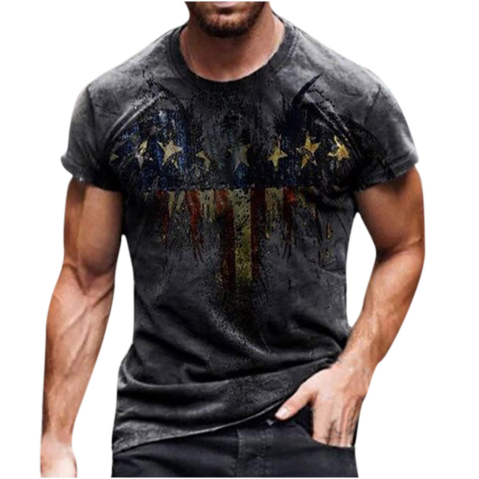 MeitianfacaiSummer T Shirt for Men Short Sleeve Skull/Wolf/Flag Graphic Tee  Patriotic Blouse Slim Fit Athletic Workout Muscle Tops