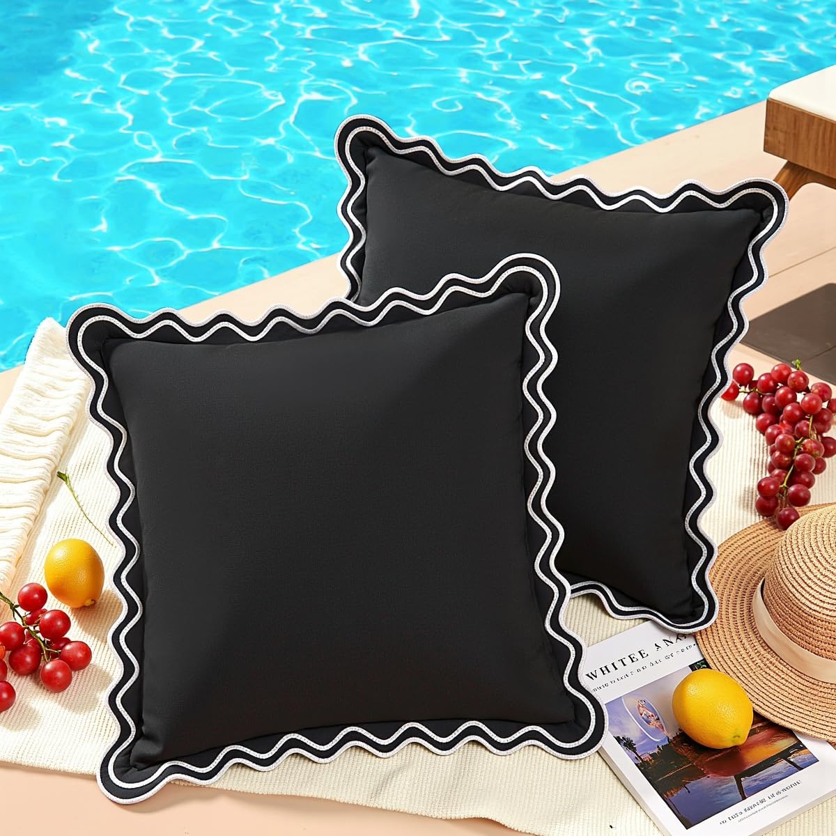 JOJOGOGO 18x18 Black and White Scalloped Embroidered Outdoor Throw Pillow Covers Waterproof Set of 2, 18 x 18 Aesthetic Decorative Pillows Farmhouse Pillow Covers for Couch Porch and Patio Furniture