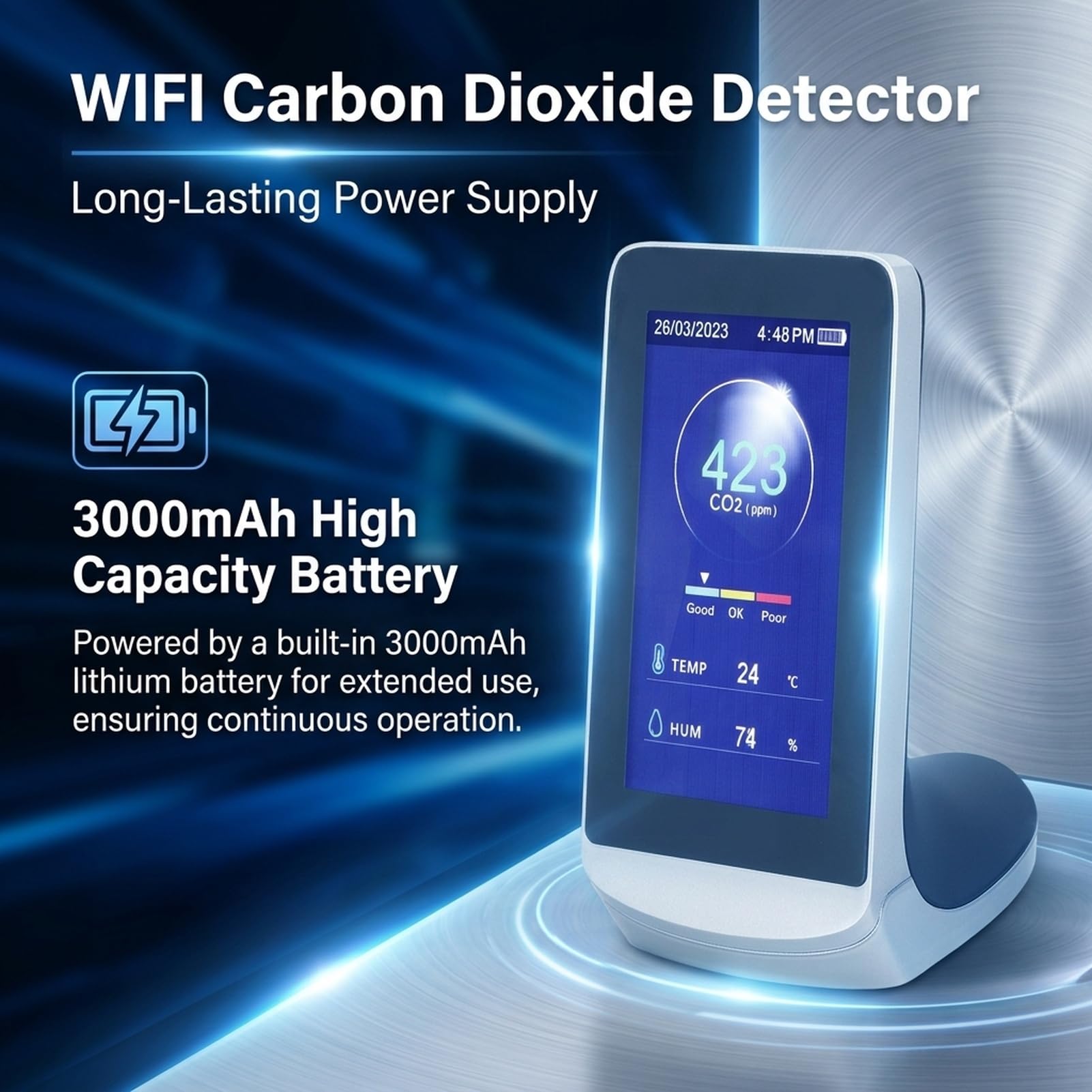 Detector de Dióxido de Carbono con Tecnología NDIR, Monitoreo en Tiempo Real, Función de Alarma Sonora, Medidor de CO2 con Batería de 3000mAh para Espacios Interiores