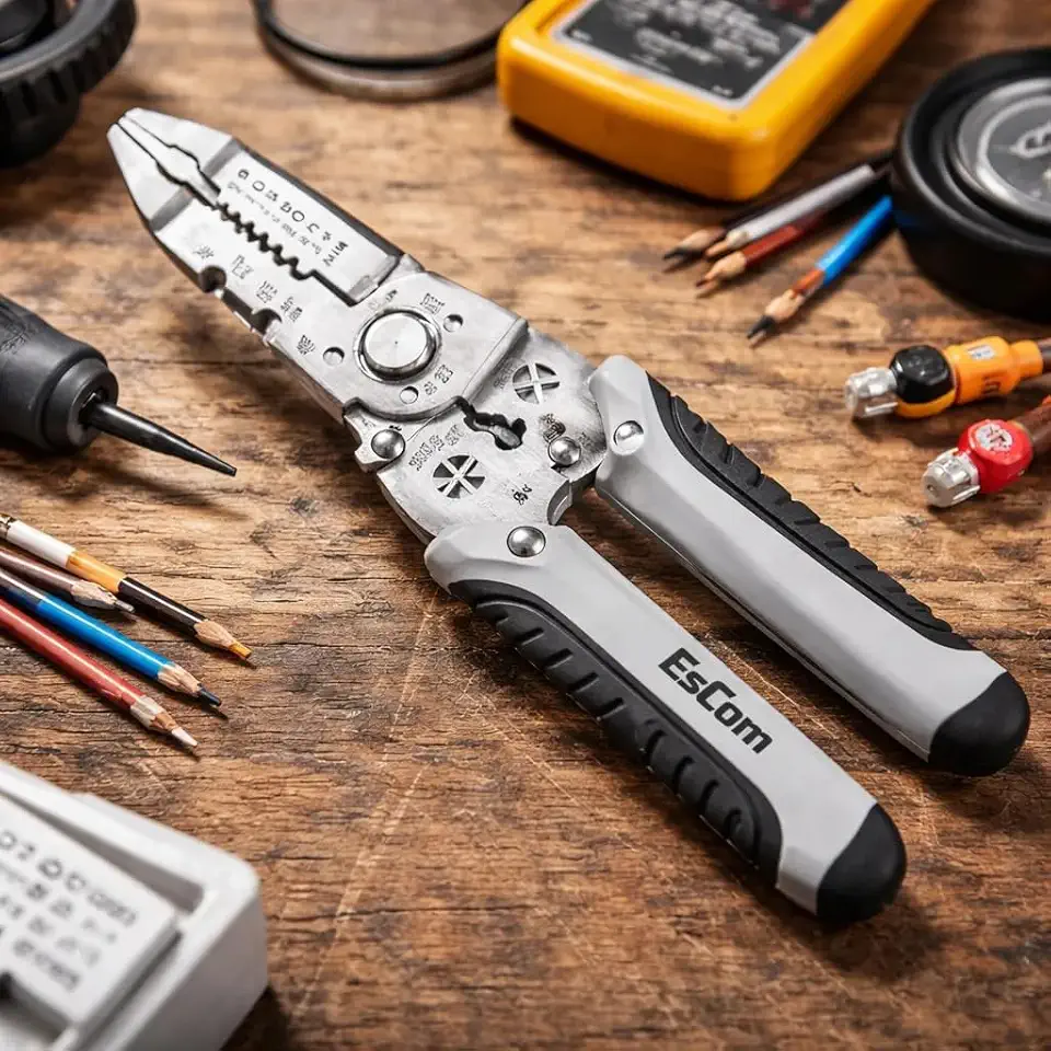 Alicate Multifunção Profissional, Crimpador e Decapador de Fios, Multiuso, Corta Parafusos M3/M4/M5, Ergonômico Emborrachado, Aço de Alta Resistência, Ideal Eletricistas e Manutenção e Multifuncional