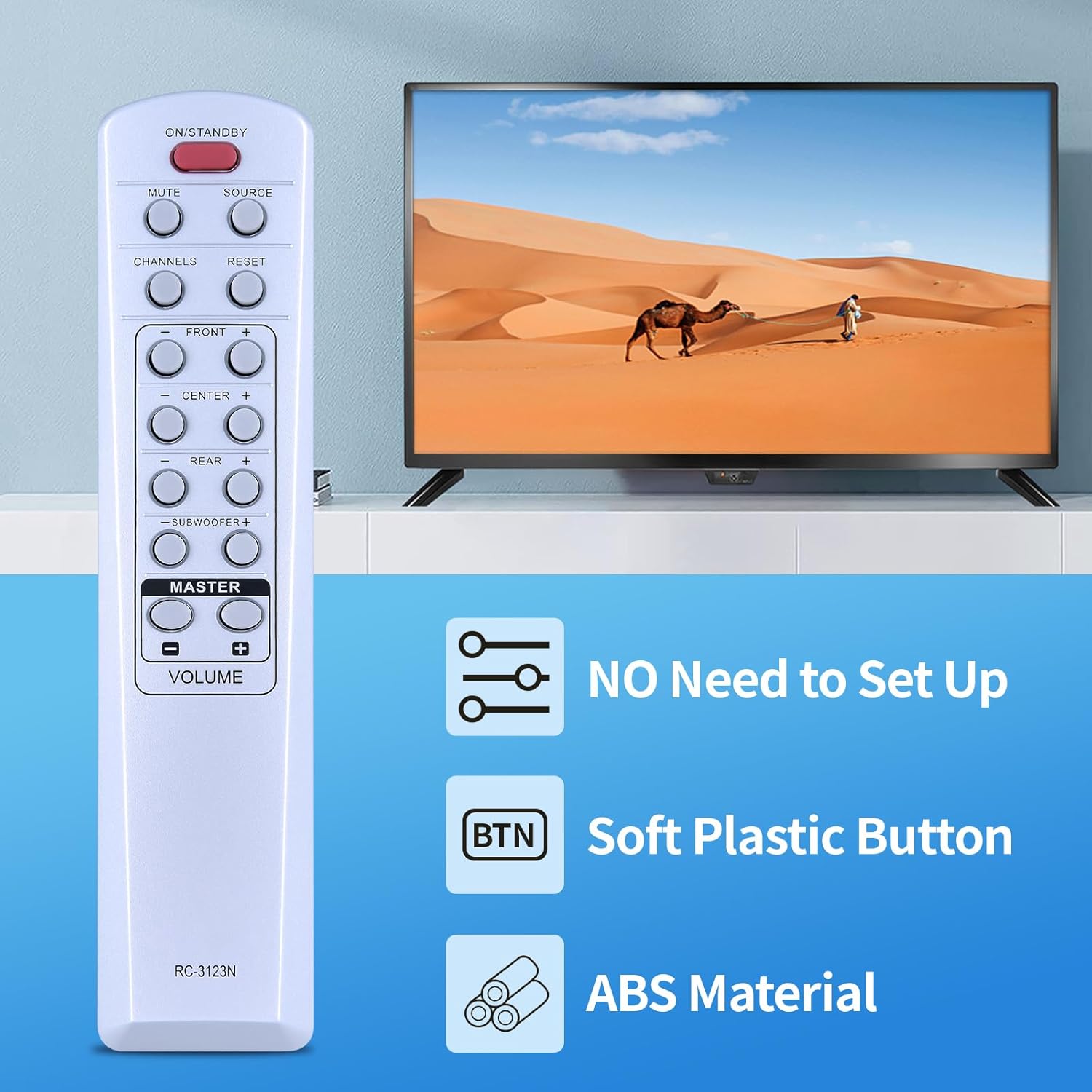 ZWP RC-39173N Remote Control highlighting key features: no setup required, soft plastic buttons, and durable ABS material.