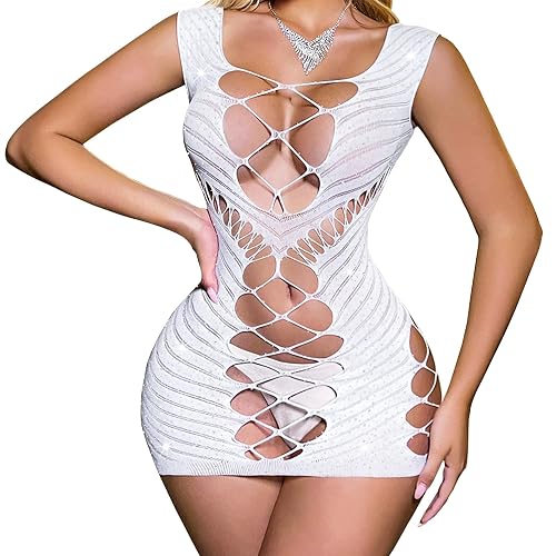 Linzdvay Lingerie for Women Sexy Long Sleeves Stripper Outfit Chemise Babydoll Rhinestone Fishnet Teddy Mini Dresses - White 002