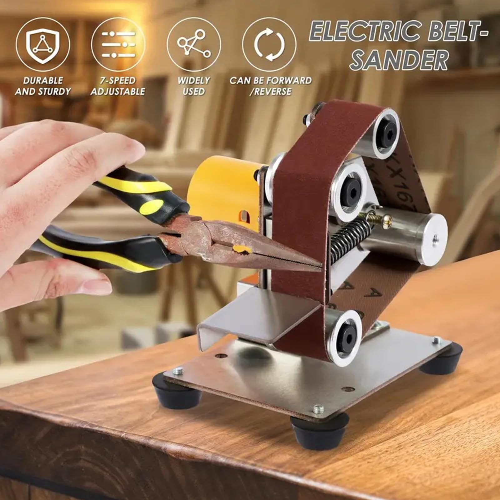 Ponceuse à Bande Electrique Stationnaire, 3 en 1 Petite Meuleuse d'Établi avec 30 Bandes Abrasives 30x330mm, 7 Vitesses Réglables, Affuteur de Couteaux pour Travail du Bois, Métal, Artisanat