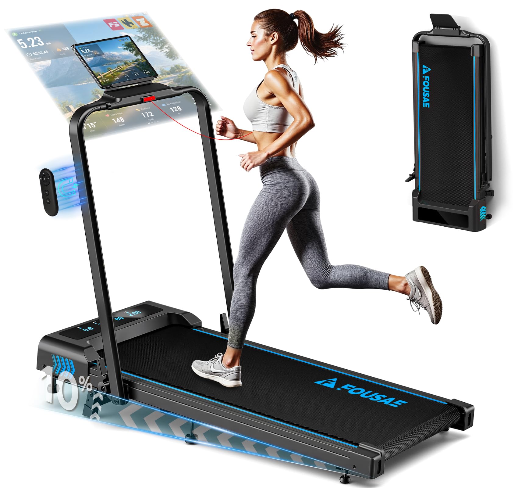 FOUSAE Tapis Roulant Pieghevole 1-12km/h con 12 Programmi HIIT Predefiniti e 10% Inclinazione, 5 in 1 Tapis Roulant Supporto Tablet Compatibile App, Doppio Disp