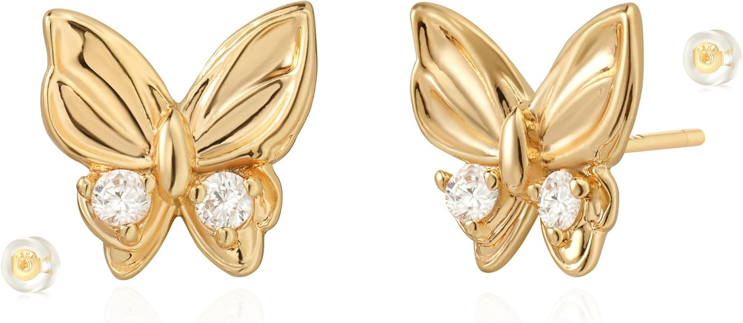Butterfly Stud Earrings for Women 14K Gold Plated S925 Sterling Silver Post Cubic Zirconia Butterfly Earrings Lightweight Jewelry Gifts