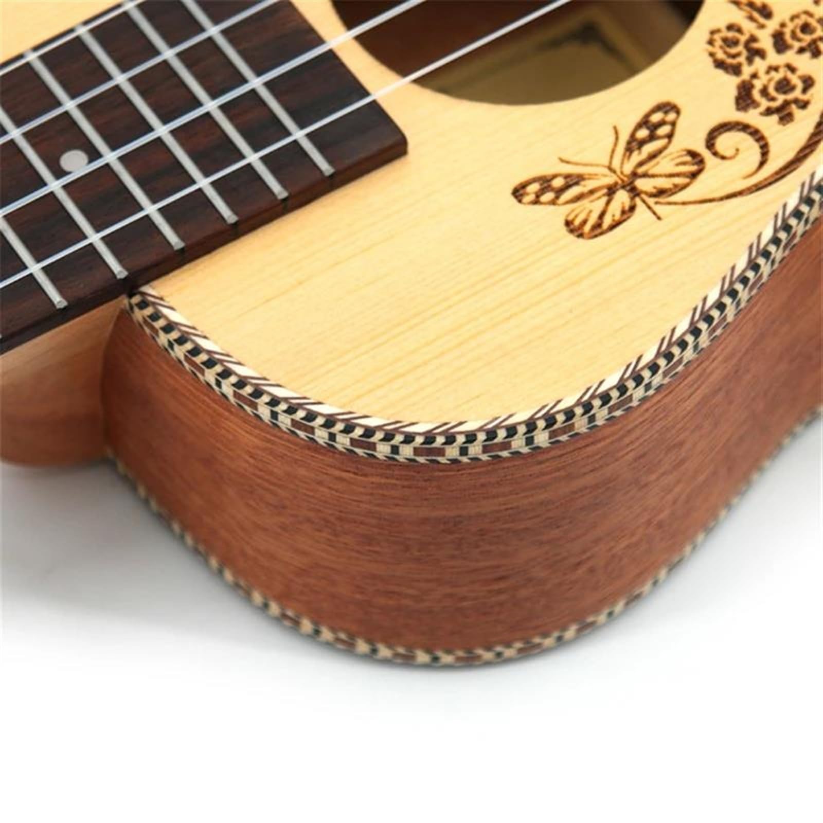 Ukulele Concert 23 Fichtendecke, Hawaiianische 4-saitige Gitarre Elektrische Ukulele, Schmetterlings-Herz-Blumenmuster(Color:Ukulele with bag)