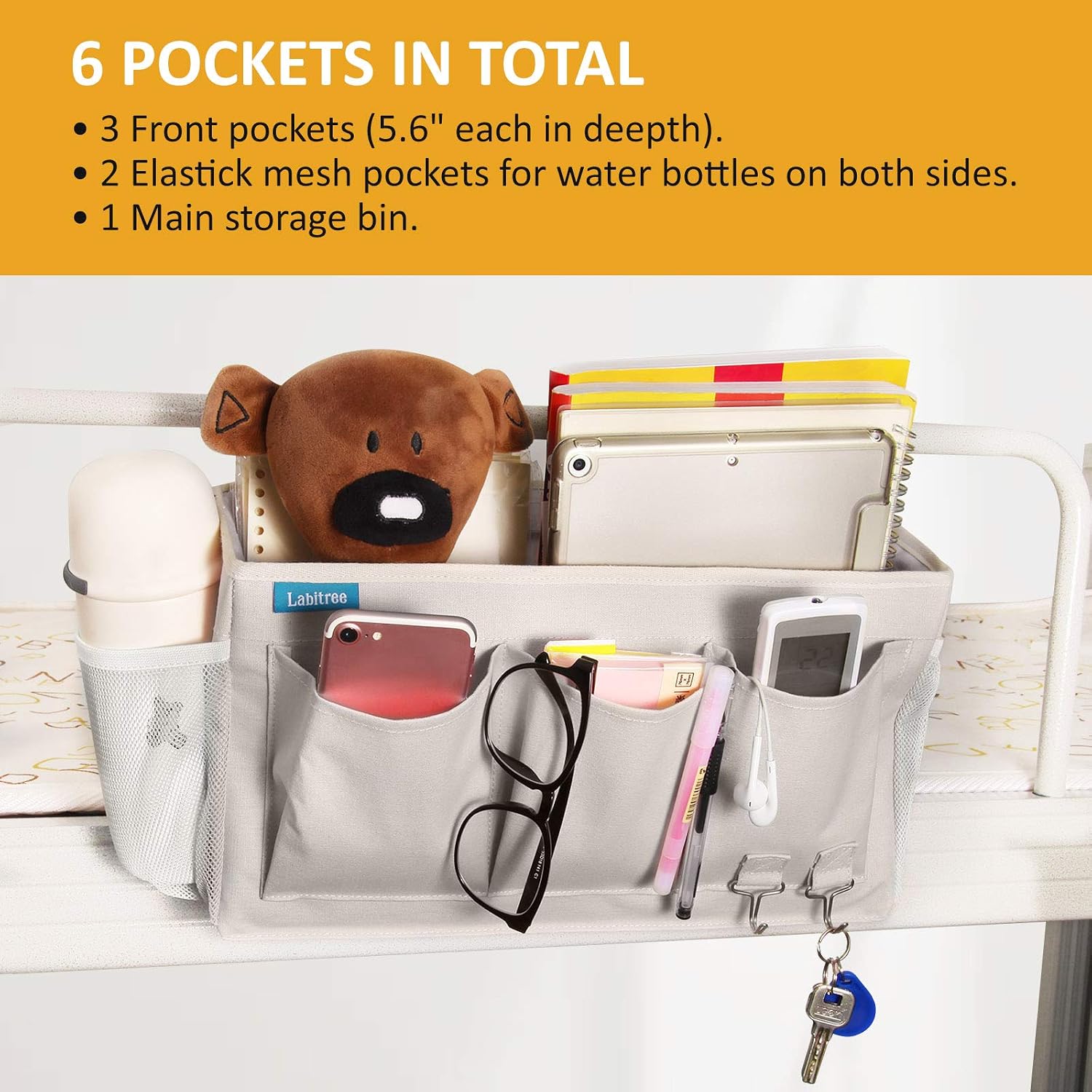 Labitree Bedside Caddy, Hanging Storage Organizer 6 Pockets Canvas Bag for Bunk, College Dorm Bed, Bed Rails with Magazine Phone Tablet Water Bottle Holder, Grey