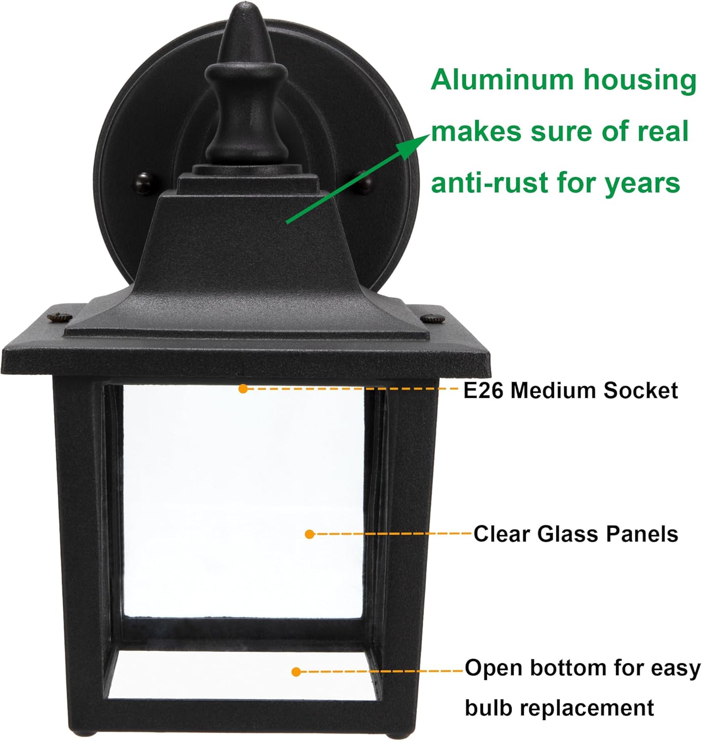 LIT-PaTH Outdoor Wall Lantern, Wall Sconce as Porch Lighting Fixture, E26 Medium Base 60W Max., Aluminum Housing Plus Glass, Bulbs NOT Included, Matte Black Finish, 2-Pack