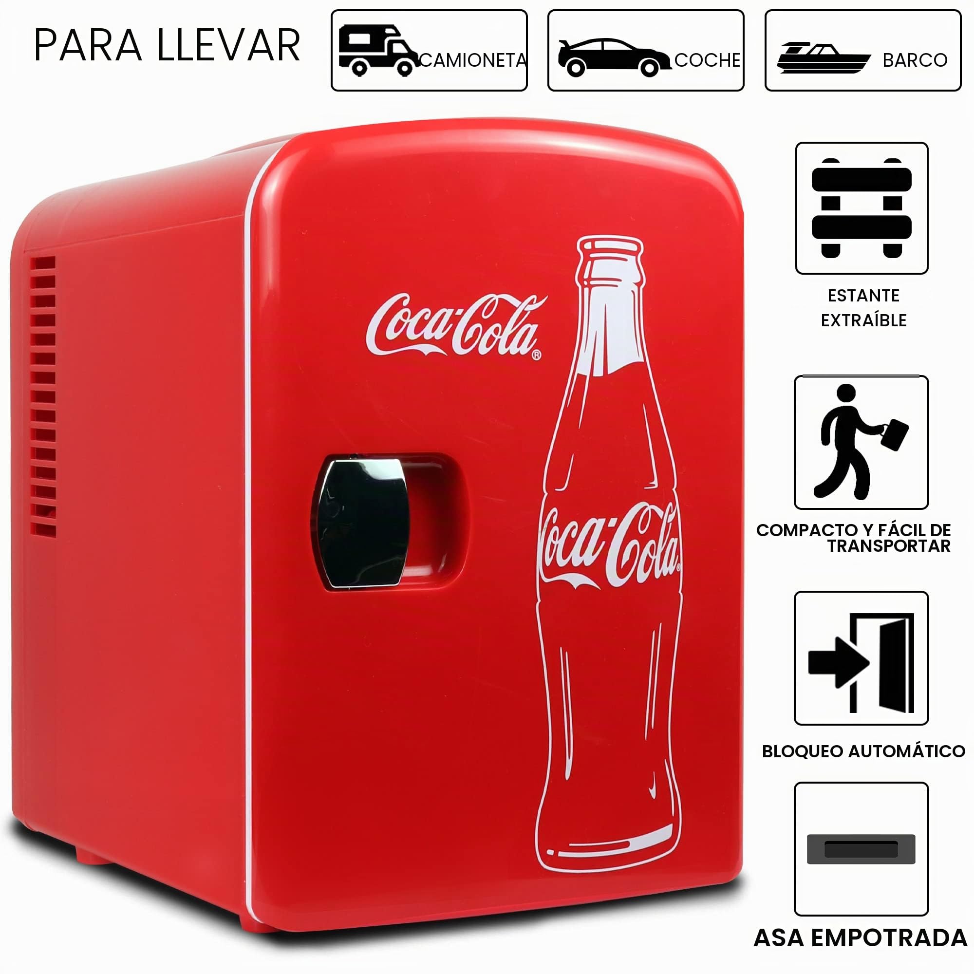 Coca-Cola Nevera portátil KWC4 KWC-4 de 4 litros/6 latas, para alimentos, bebidas, para el hogar, oficina, dormitorio, coche, barco, enchufes de CA/CC incluidos, roja y blanca