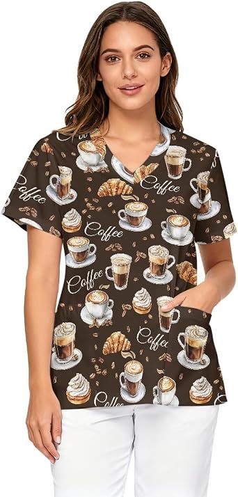 Scrub Shirt Women Short Sleeve Plus Size V-Neck Fun Printed Medical Nursing Uniforms with Pockets S-5XL