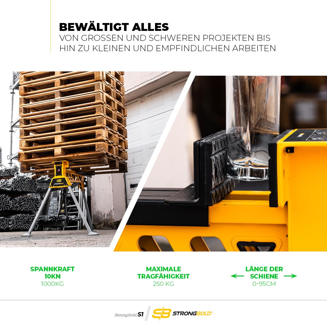 S1 Mobiler Spannbock - Werkbank klappbar mit Schraubstock, 10 kN Spannkraft, 95 cm Spannweite, 250 kg Tragkraft, mit Fußpedal für sichere Bedienung