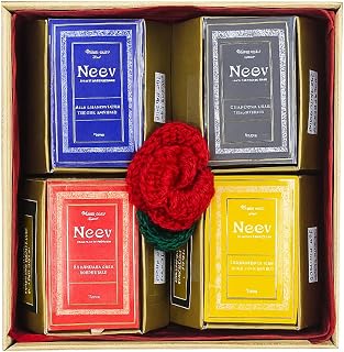 NEEV SOAPS Handmade Ayurvedic Soap Gift Box Set, 4 Varieties - Aloe Lavender, Charcoal, Almond Rose, Kumkumadi, 75g Each