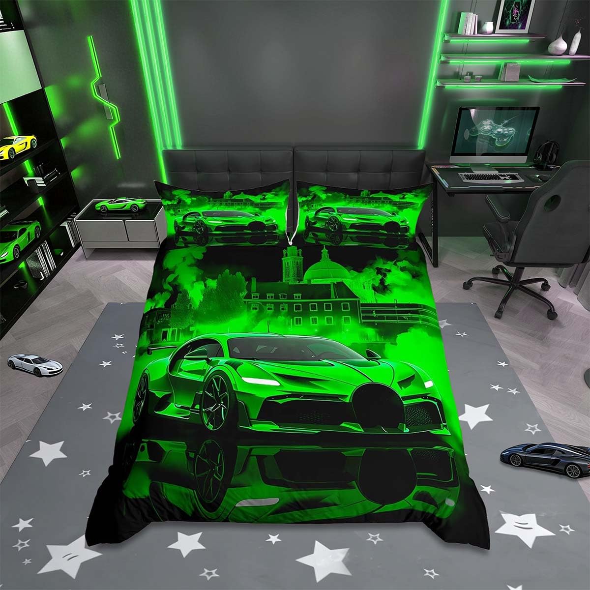 Homemissing Kids Race Car Bedding Set Cot Size Extreme Sport Games Duvet Cover for Boys Girls Bedroom Decor Modern Green Comforter Cover Soft Lightweight Microfiber With 1 Pillow Case — image 1