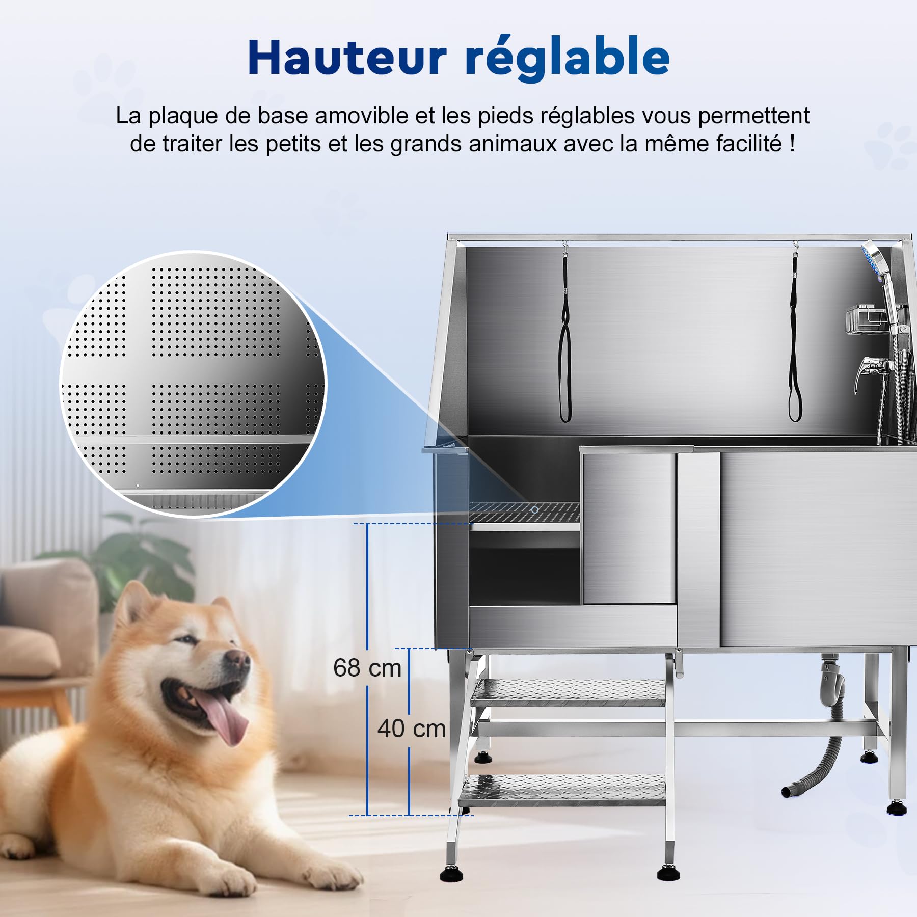 Baignoire de Toilettage pour Chien 127CM Capacité 115KG en Acier Inoxydable 304 Station de Bains pour Grands Chiens avec Escaliers et Pomme de Douche, pour Maison Hôpital Animalerie