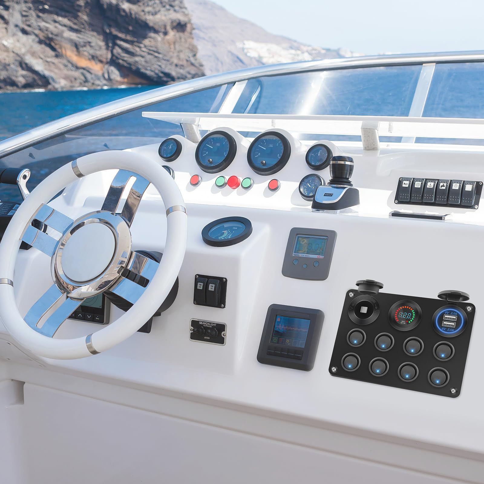 Geloo Pannello Interruttori a Bilanciere 12V/24V Impermeabile Levetta 8 Interruttore con Voltmetro Digitale Accendisigari Doppio Caricatore USB da 4,2 A per Barca, Auto, RV, Camper