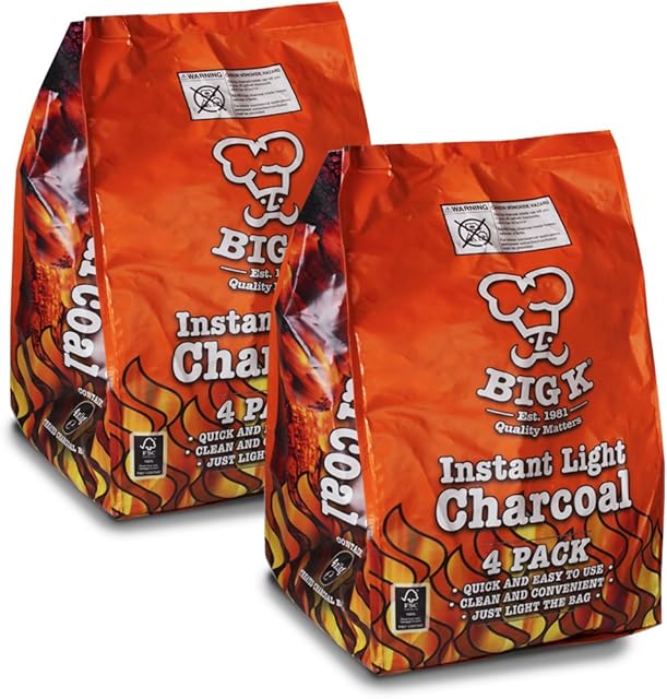 Big K Instant Light Charcoal, wood, 2 Packs (X8 1kg Bags)