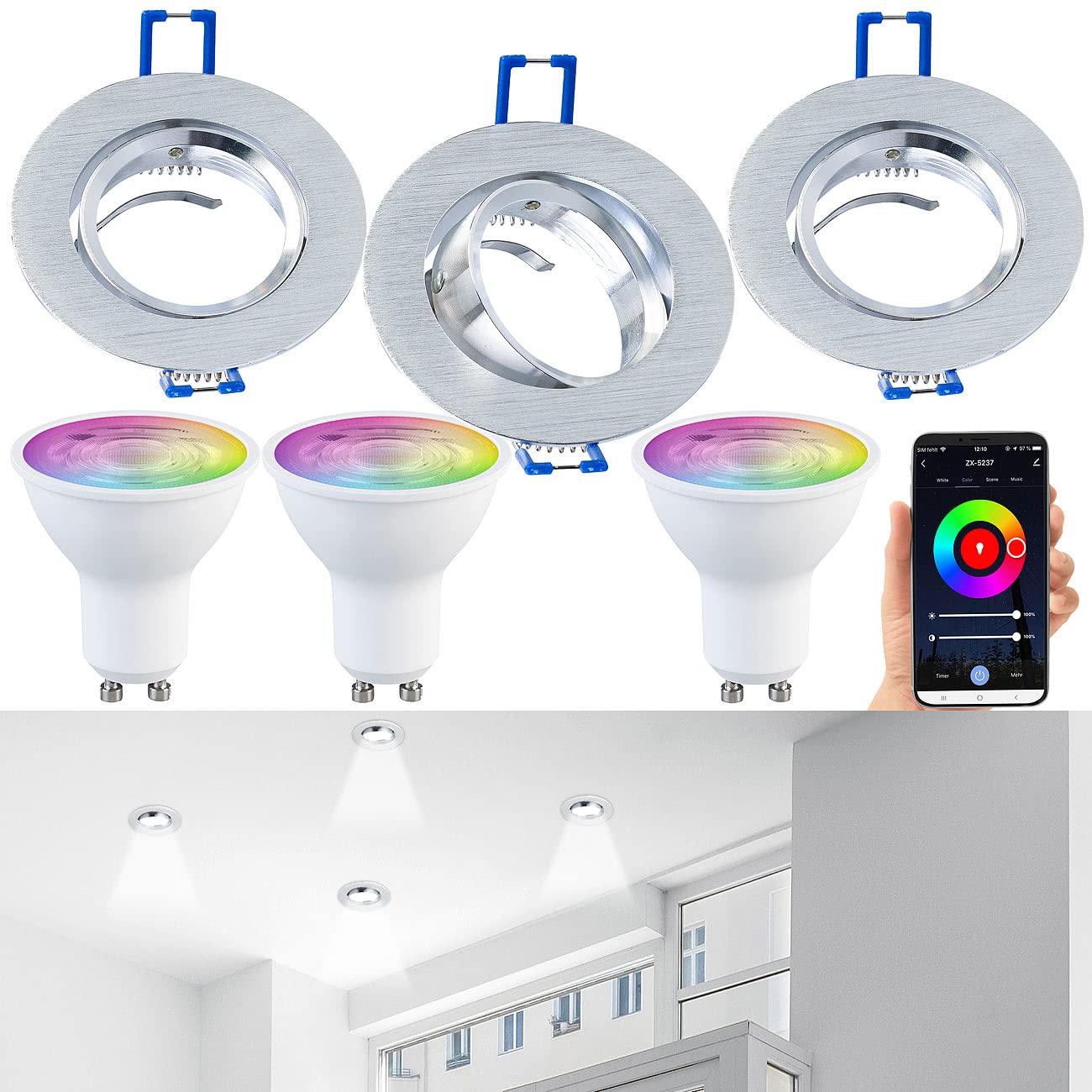 Luminea ZigBee Lampe GU10: 3er-Set Alu-Einbaustrahler-Rahmen mit ZigBee-LED-Spots, 345 lm, 4,8 W (Wandspot GU10, LED)