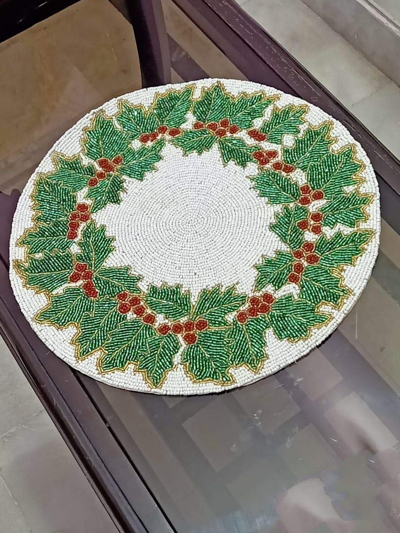 SS Creations Decorative Handmade Beaded Round Placemat /Runner Perfect for Table Dia 14 (35x35 cm)- Green