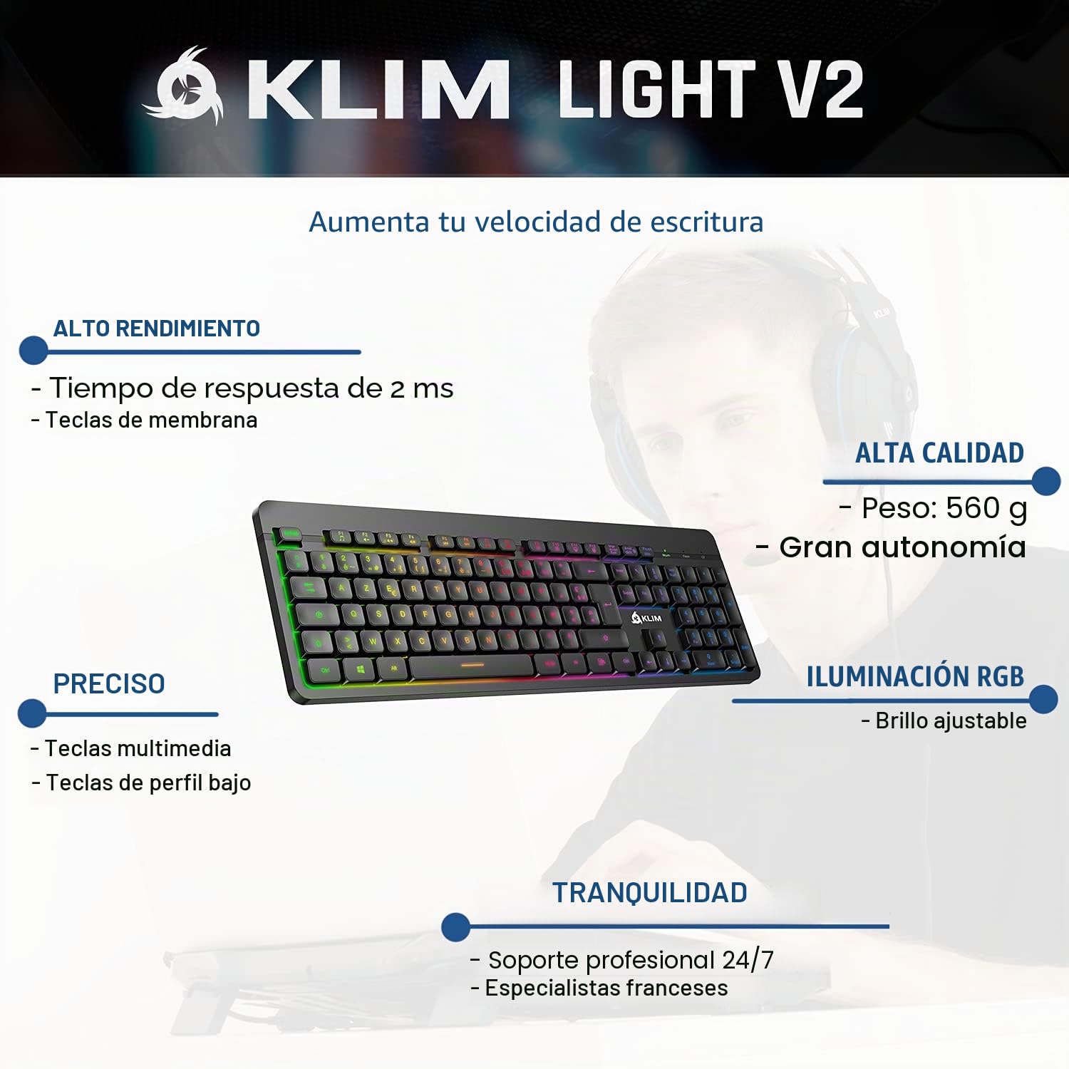 KLIM™ Light V2 Teclado Inalámbrico Gaming FR + Teclado Gaming Ligero, Duradero, Ergonómico, Silencioso + Batería de Larga duración + Teclado Gamer PC Mac PS4 Xbox One+ Nuevo Versión + Negro