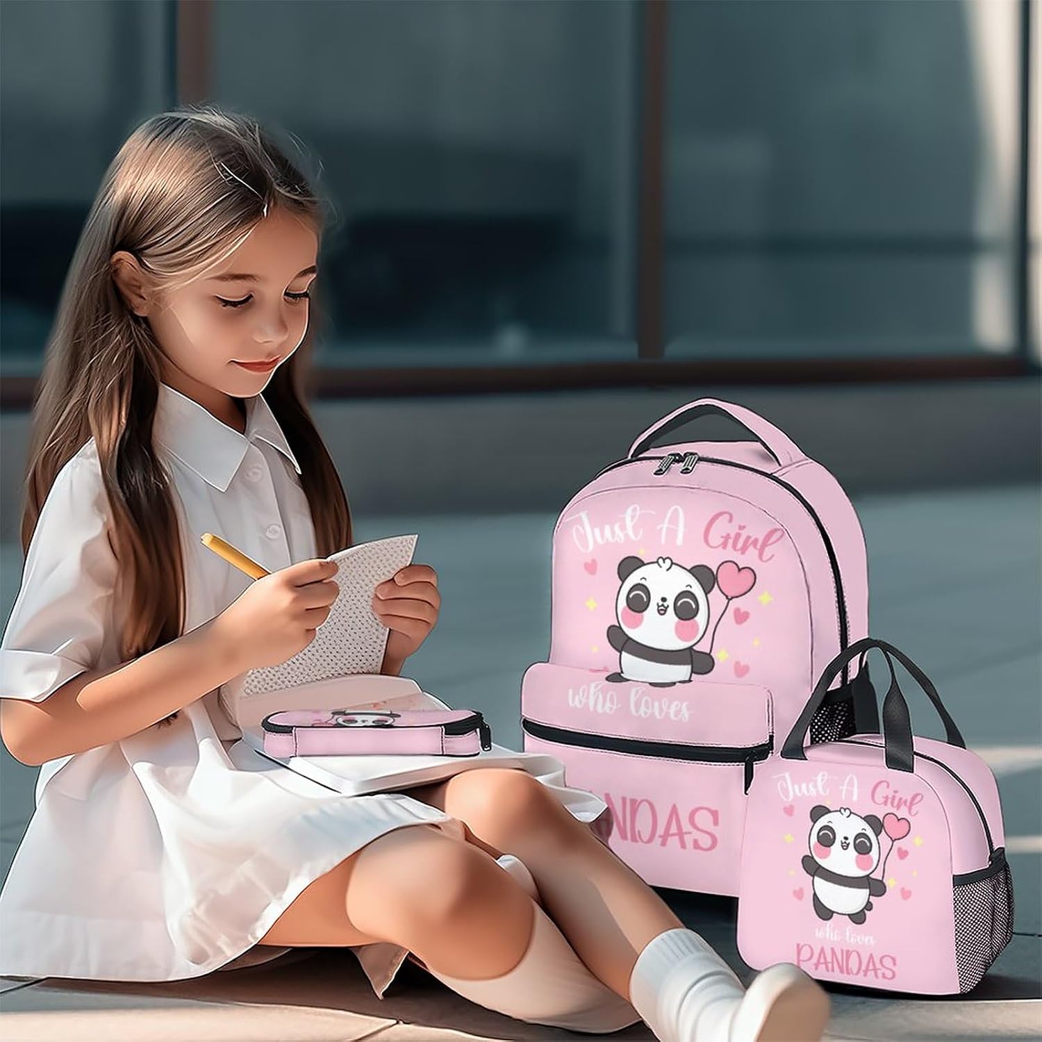 Panda Backpack with Lunch Box Set for Girls - 3 in 1 Primary Middle School Backpacks Matching Combo - Large Capacity, Durable, Lightweight, Pink Bookbag and Pencil Case Bundle