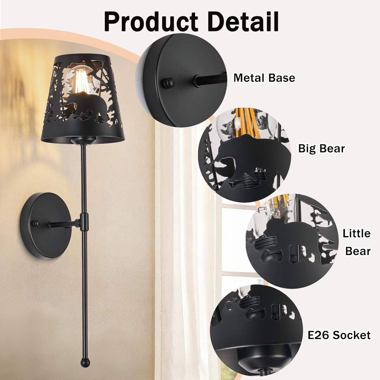 Rustic Wall Sconces-Bear Design, Farmhouse Metal Vintage Wall Lamp for Living Room, Bedroom, Hallway, Stairway, Headboard, Porch