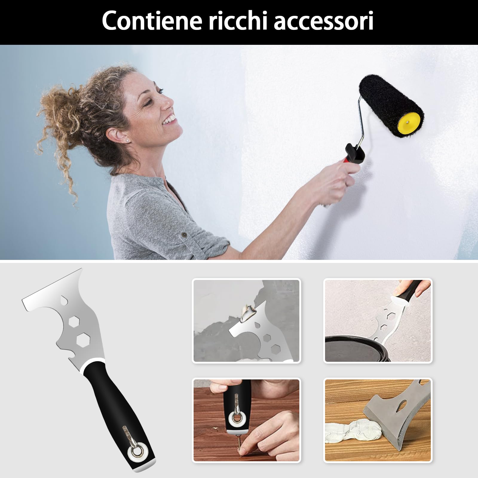 VKE Spatola per Stucco Professionale, kit Spatole con asta Telescopica | Kit 6 Attrezzi, Lama 60cm Dritta e Angolare, Impugnatura Ergonomica per Pareti e Soffitti