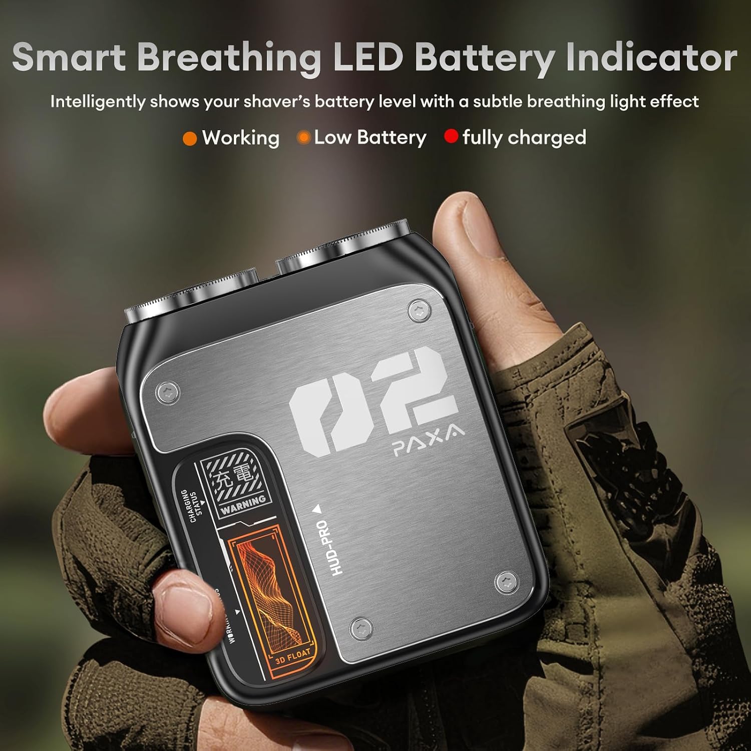Close-up of the PAXA T01 shaver's smart breathing LED battery indicator, showing 'Working', 'Low Battery', and 'Fully Charged' states.