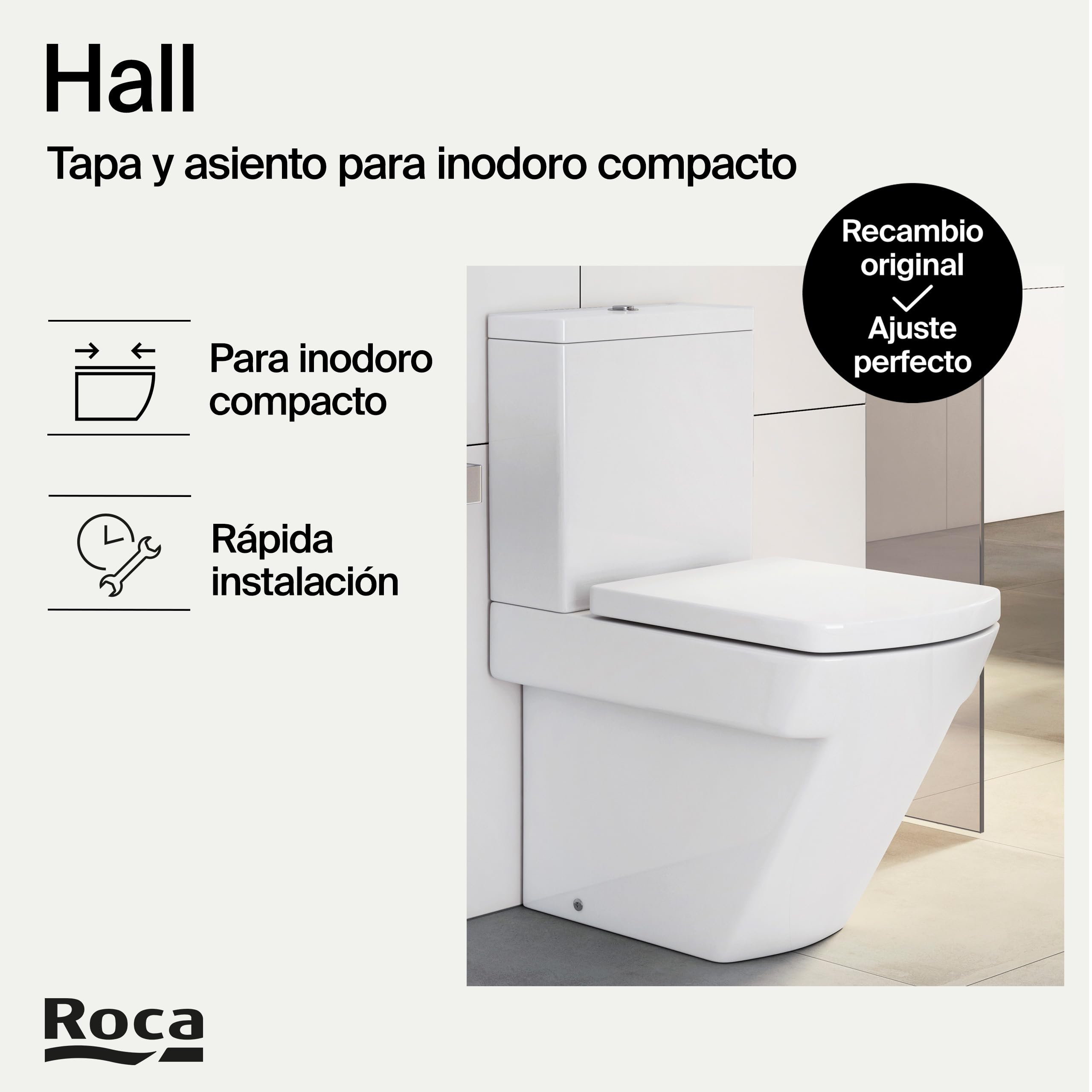Roca Hall - Tapa y asiento para inodoro compacto con bisagras de acero inoxidable, tapadera de WC original con ajuste perfecto, recambio de tapa de váter resistente, blanco, A801620004