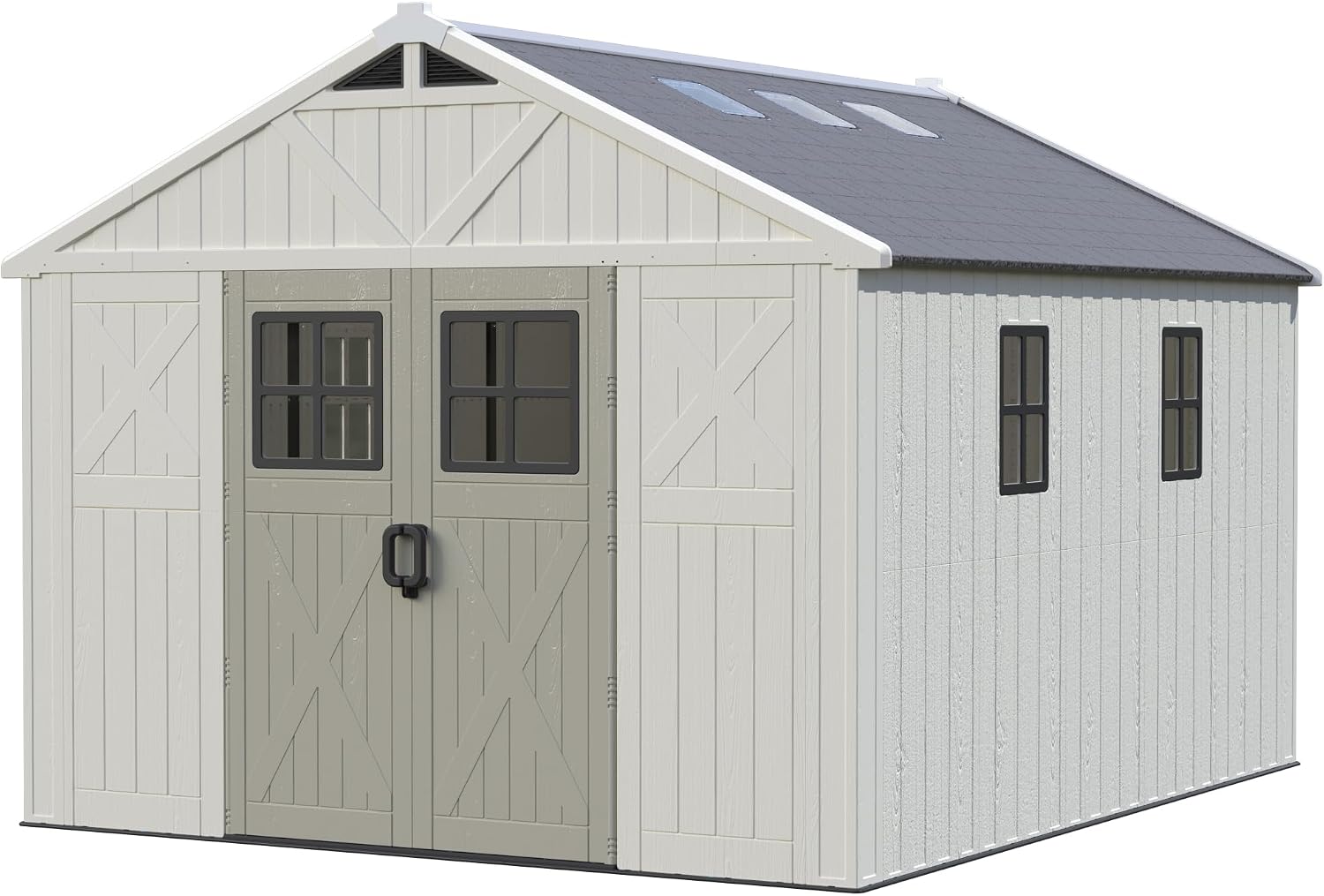 Greesum 10x12FT Plastic Outdoor Storage Shed in a garden setting.