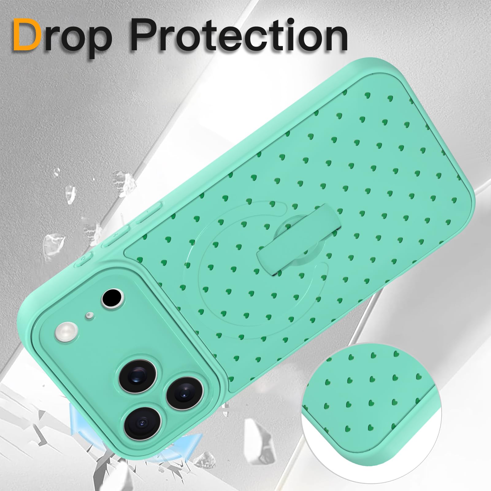 SOKAD Funda magnética con diseño de corazones y lunares para iPhone 17 Pro Max con soporte para correa de dedo, compatible con Magsafe, diseño de lindo amor pequeño diseñado para mujeres y hombres