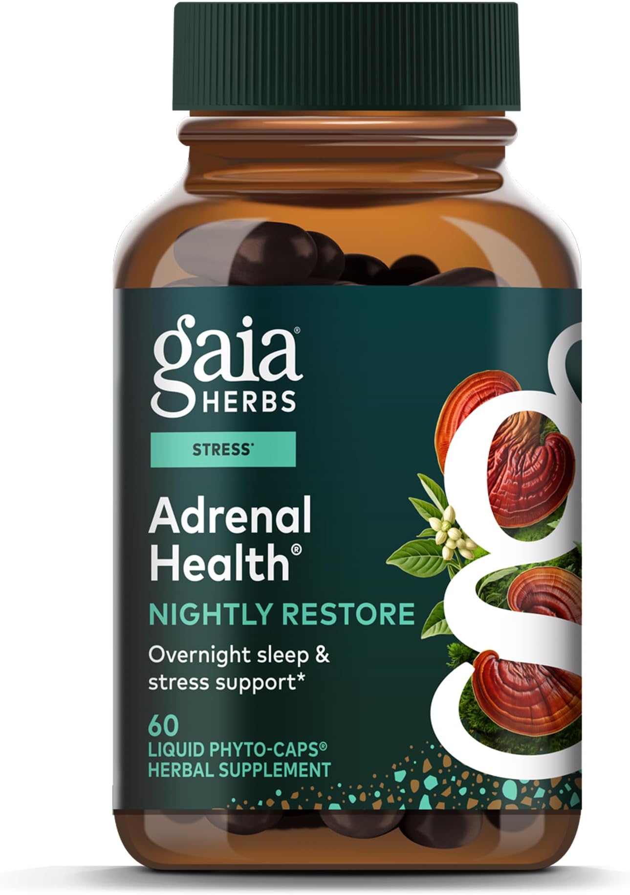 Adrenal Health Nightly Restore, Vegan Liquid Capsules, 60 Count - Calming Sleep and Stress Support, Ashwagandha, Reishi, Cordyceps, Lemon Balm