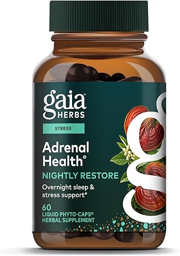 Gaia Herbs Adrenal Health Nightly Restore - Suplemento de hierbas con Ashwagandha, corteza de magnolia, cordyceps, bálsamo de limón y más* - 60
