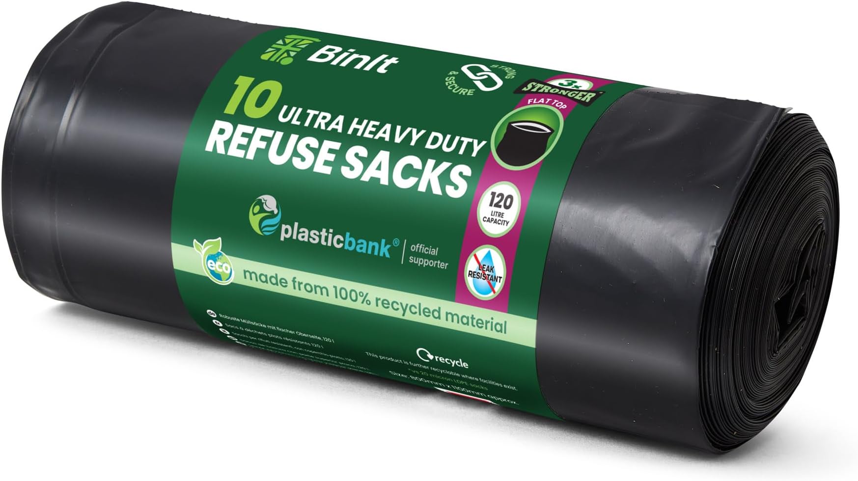 BIN IT 10 Ultra Heavy Duty, 120 Litre XL Refuse Sacks, Bin Bags, Bin Liners, 80kg Lift Tested, Super Strong, 60 μm, Perfect for Household, Office, Garden, Commercial, DIY, Caterers, Builders