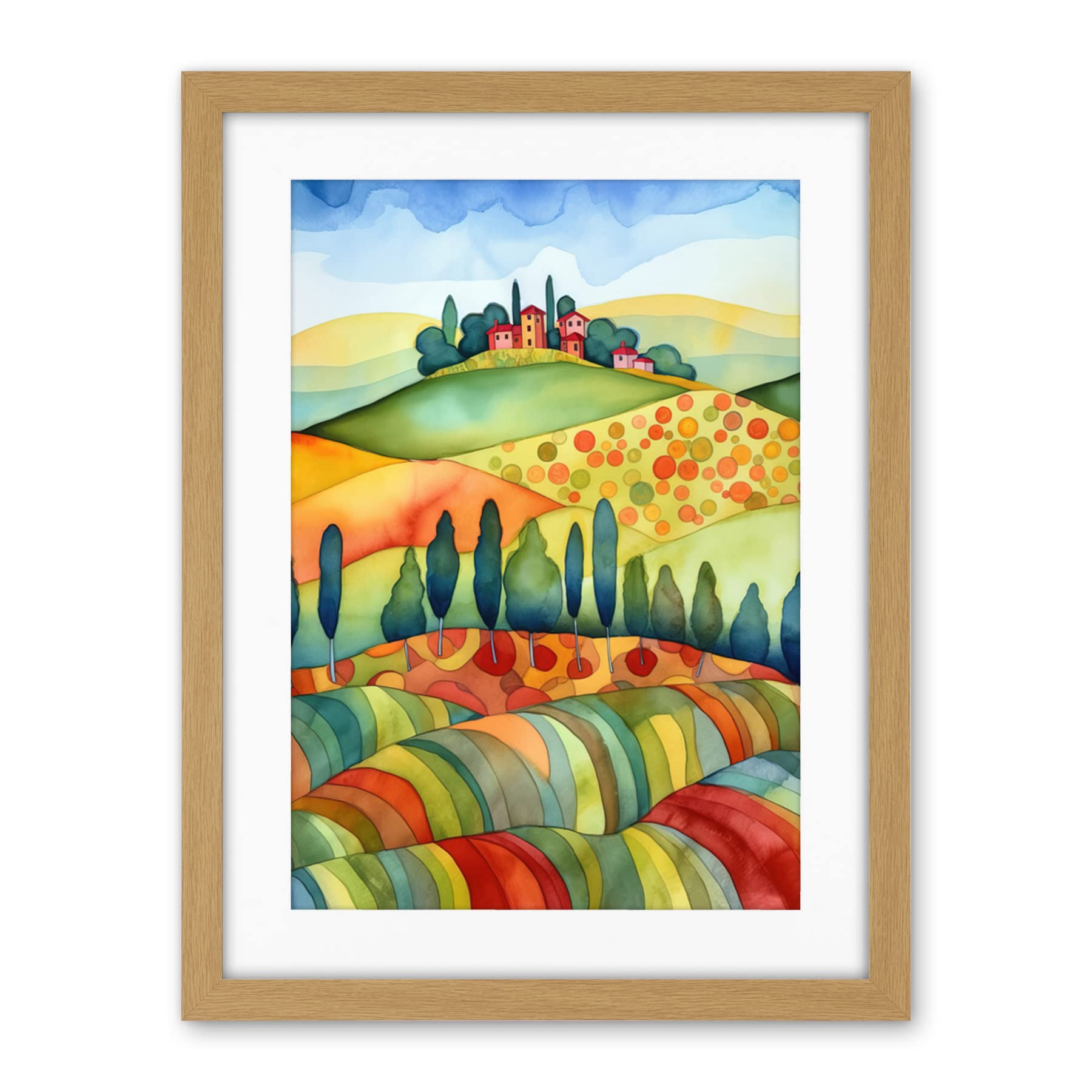Artery8 Landscape Of Tuscany House On The Hill Folk Art Artwork Framed Wall Art Print 18X24 Inch
