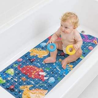 Topotdor Kids Bathtub Mat Non Slip, Tub Mat with Suction Cups 40x16 Inch | Dinosaur Bath Mats for Baby , Extra Long Washable Bath Tub Mat with Drain Holes for Bathroom inside Tub