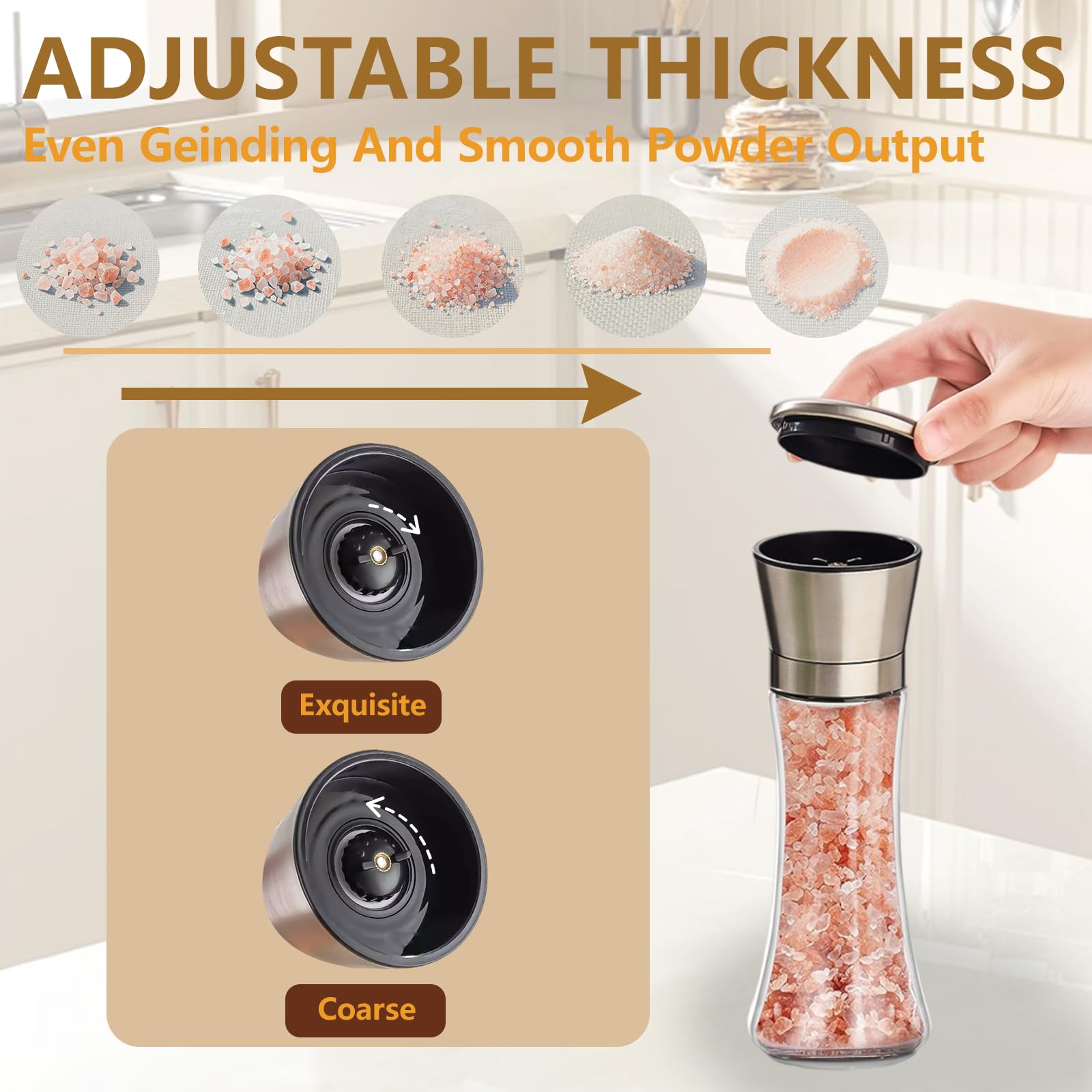 Wanheart Salt and Pepper Mill - Kitchen Hand Grinder,Glass and 304 Stainless Steel Grinder, Corrosion Resistant Ceramic Core, Adjustable Coarseness, Refillable,Large Capacity — Amazon image 2