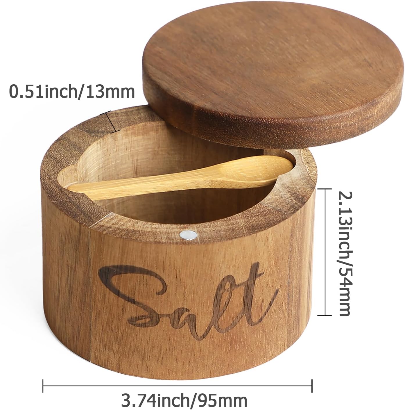 Acacia Wood Spice Boxs with Swivel Cover for Kitchen Countertop,Salt Keeper with Built-in Spoon,Modern Farmhouse Kitchen Decoror for Storing Seasonings (Labeled Salt) image 2