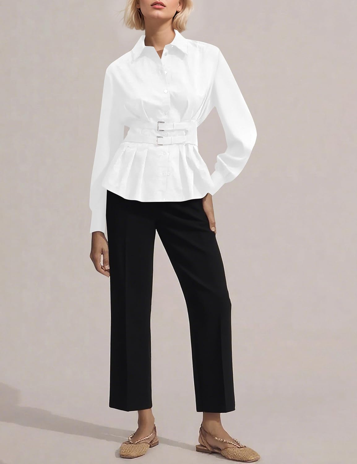 MISSACTIVER Women Button Down Pleated Blouse Shirts Stand Collar Long Sleeve Buckle Peplum Tunic Tops - Image 4