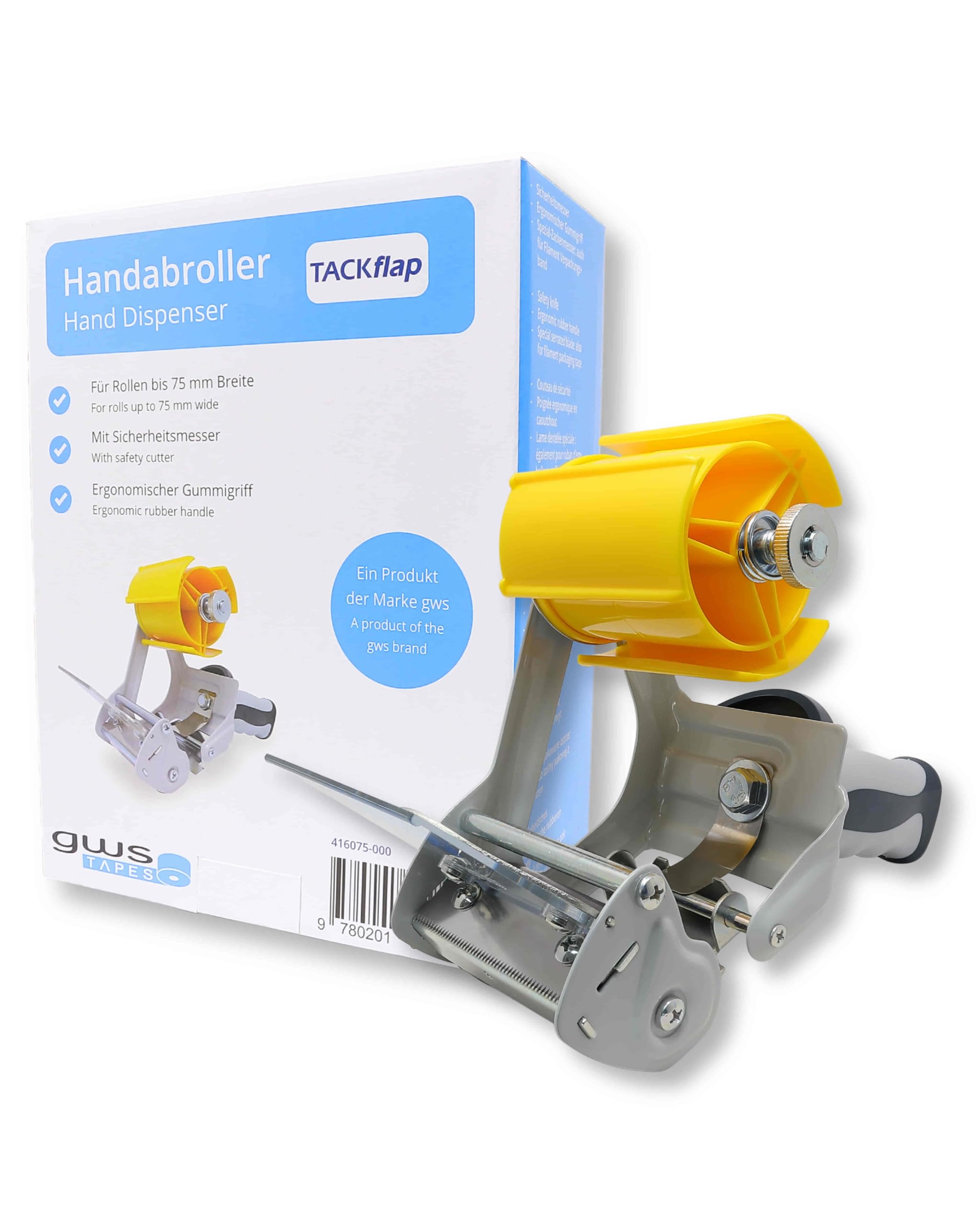 gws Dispensador de cinta adhesiva profesional con marco de metal estable, hoja de seguridad y mango ergonómico de goma (2 dispensadores, para rollos de hasta 66 m x 75 mm)