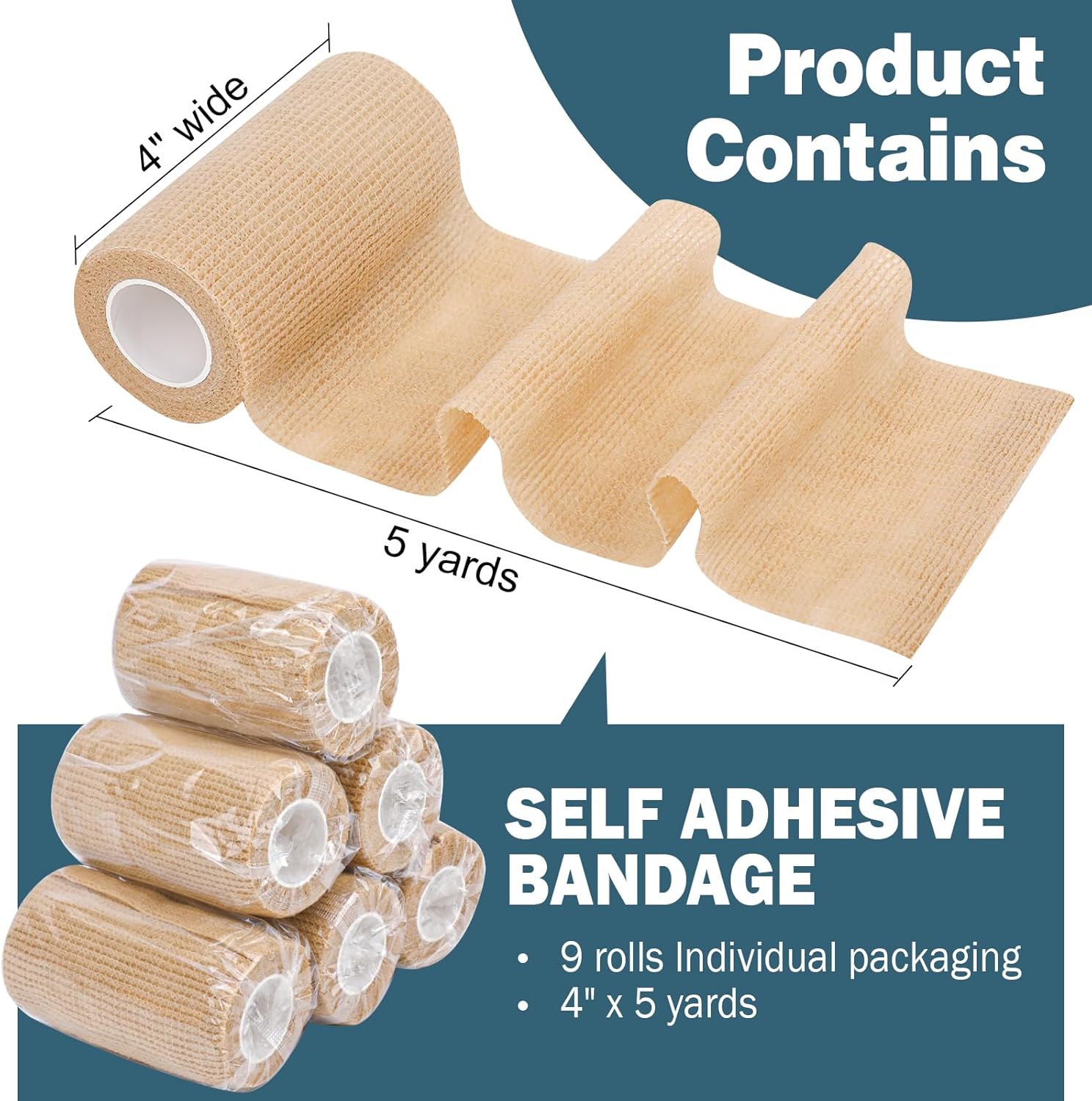 AZEN 9 Pack Self Adhesive Bandage Wrap, 4" X 5 Yards Elastic Cohesive Bandage Wrap, Skin Color Athletic Tape, Ankle Tape, Tattoo Grip Tape Wrap, Vet Wrap - Image 2