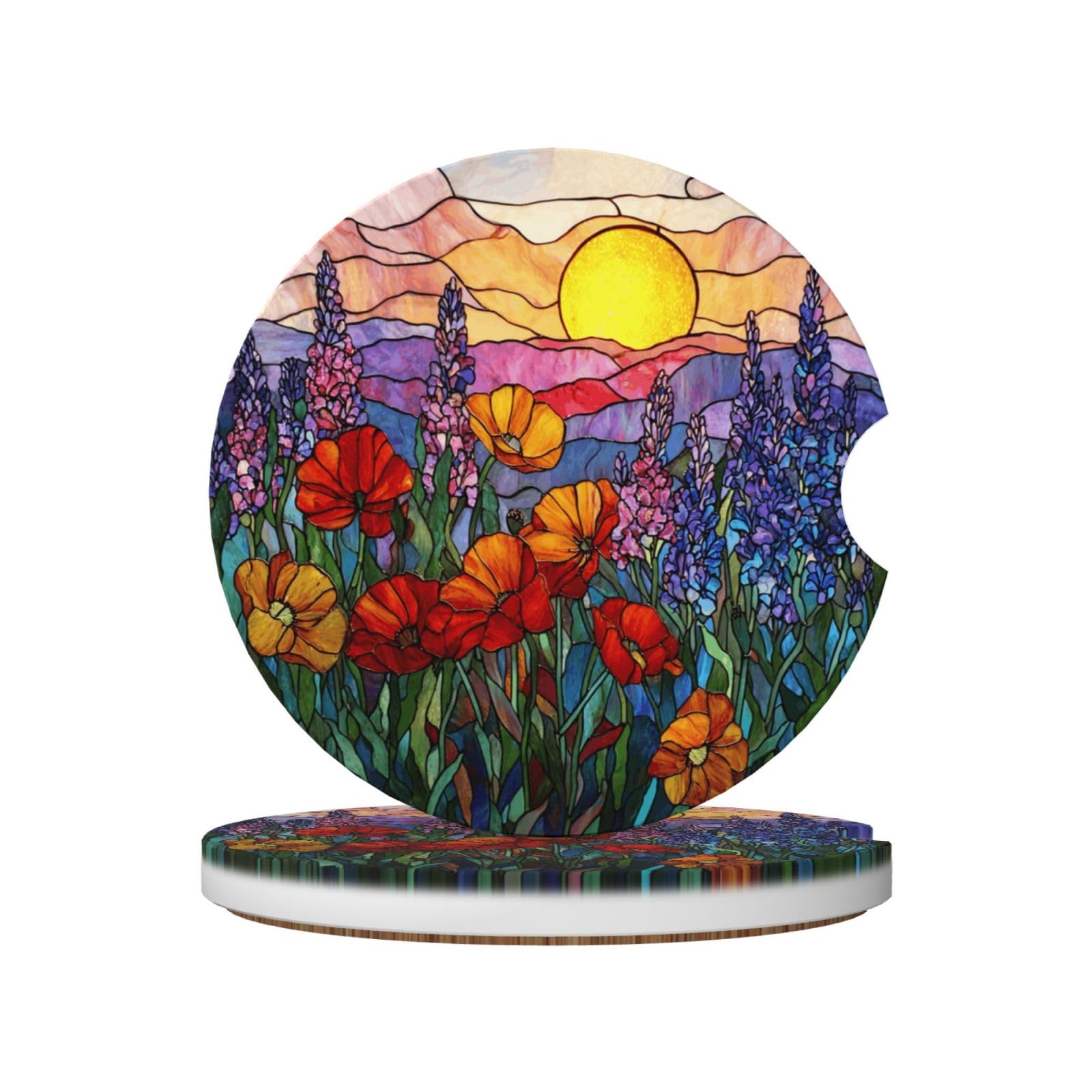Stained Glass Wildflowers Poppies Lavender Sunrise Ceramic Coasters,2pcs