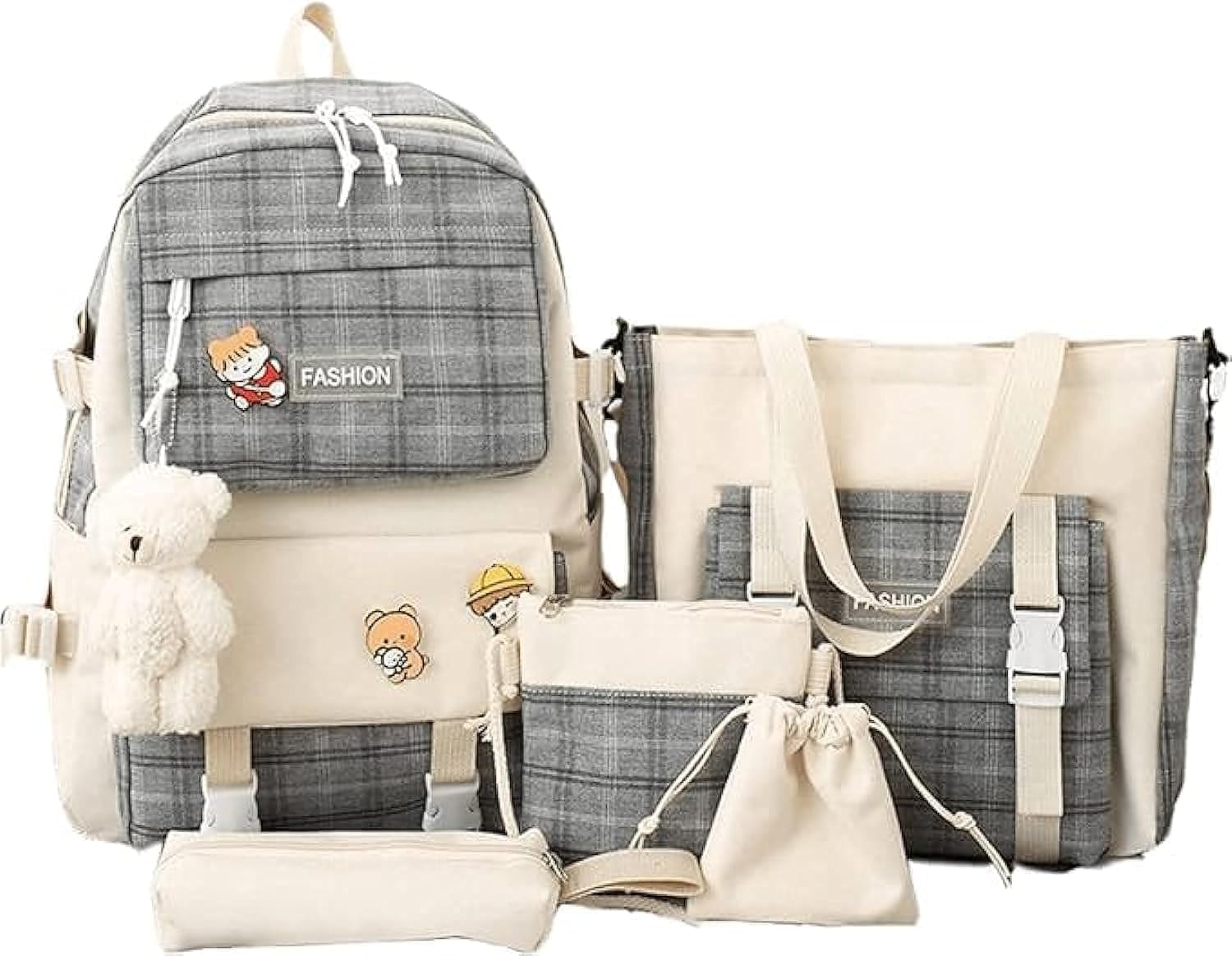 TAPIT 5PCS School Backpacks Combo Set with Bear Pendant Back to School Supplies Cute Schoolbag Lunch Bag Pencil Case Shoulder Bag Travel Bag Gifts for Girls Grey Plaid, One Size