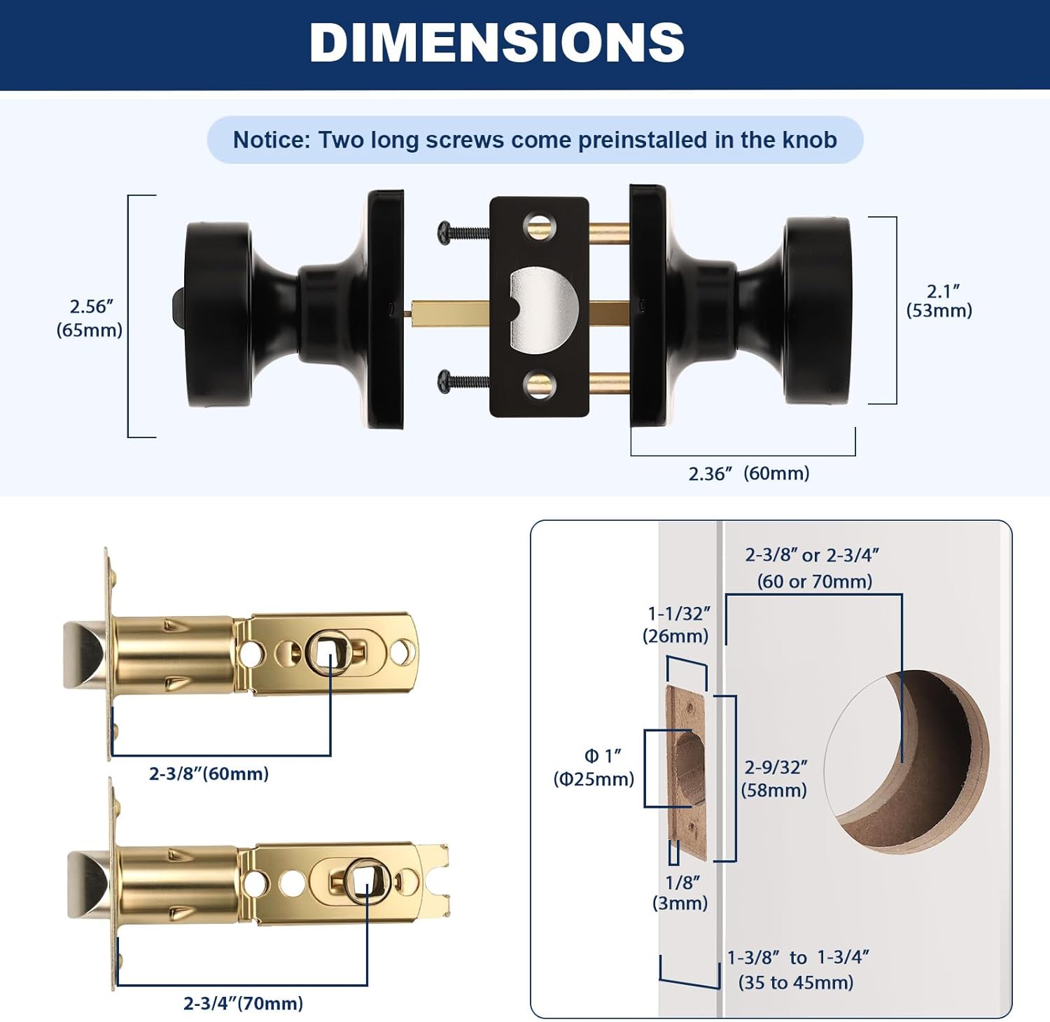 Orger 6 Pack Black Door Knobs Interior, Zinc-Alloy Matte Black Keyless Door Knob with Lock, Heavy Duty Privacy Square Door Knob for Bathroom and Bedroom
