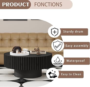 Black Fluted Drum Coffee Table (B Black 80CM)
