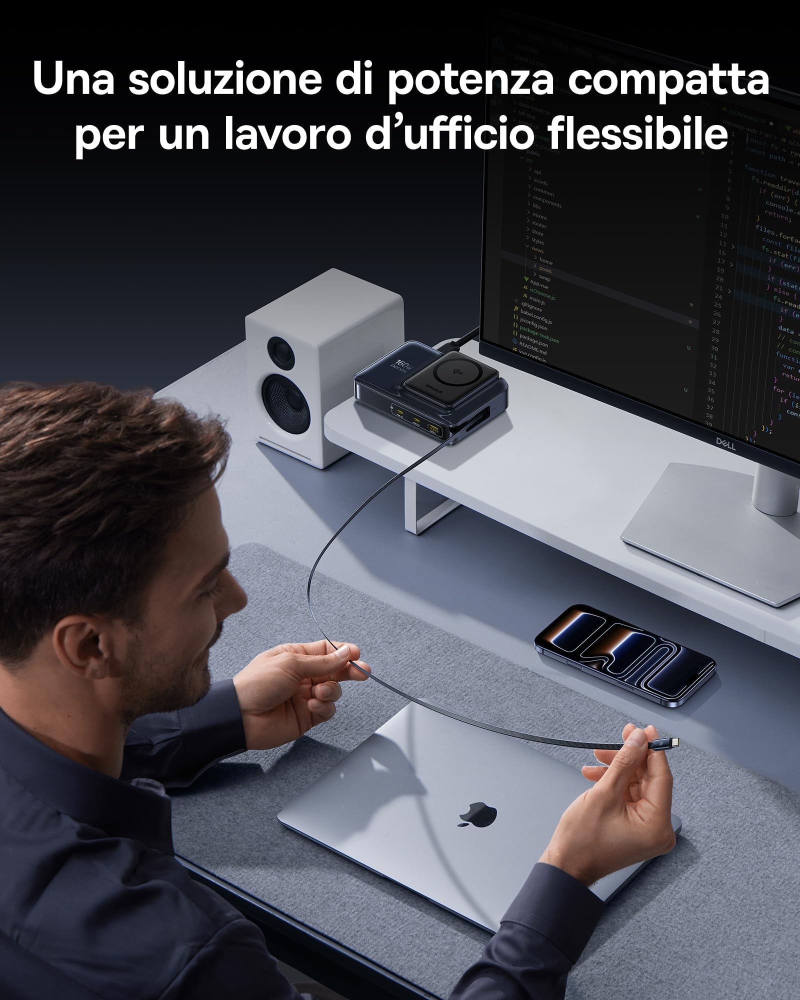 Baseus Caricatore USB C 160W Magsafe Qi2 Stazione di Ricarica 5 In 1, Caricatore con Cavo Retrattile USB C 100 W Compatibile con iPhone 17-12 Serie, MacBook Pro/Air, iPad Pro usw