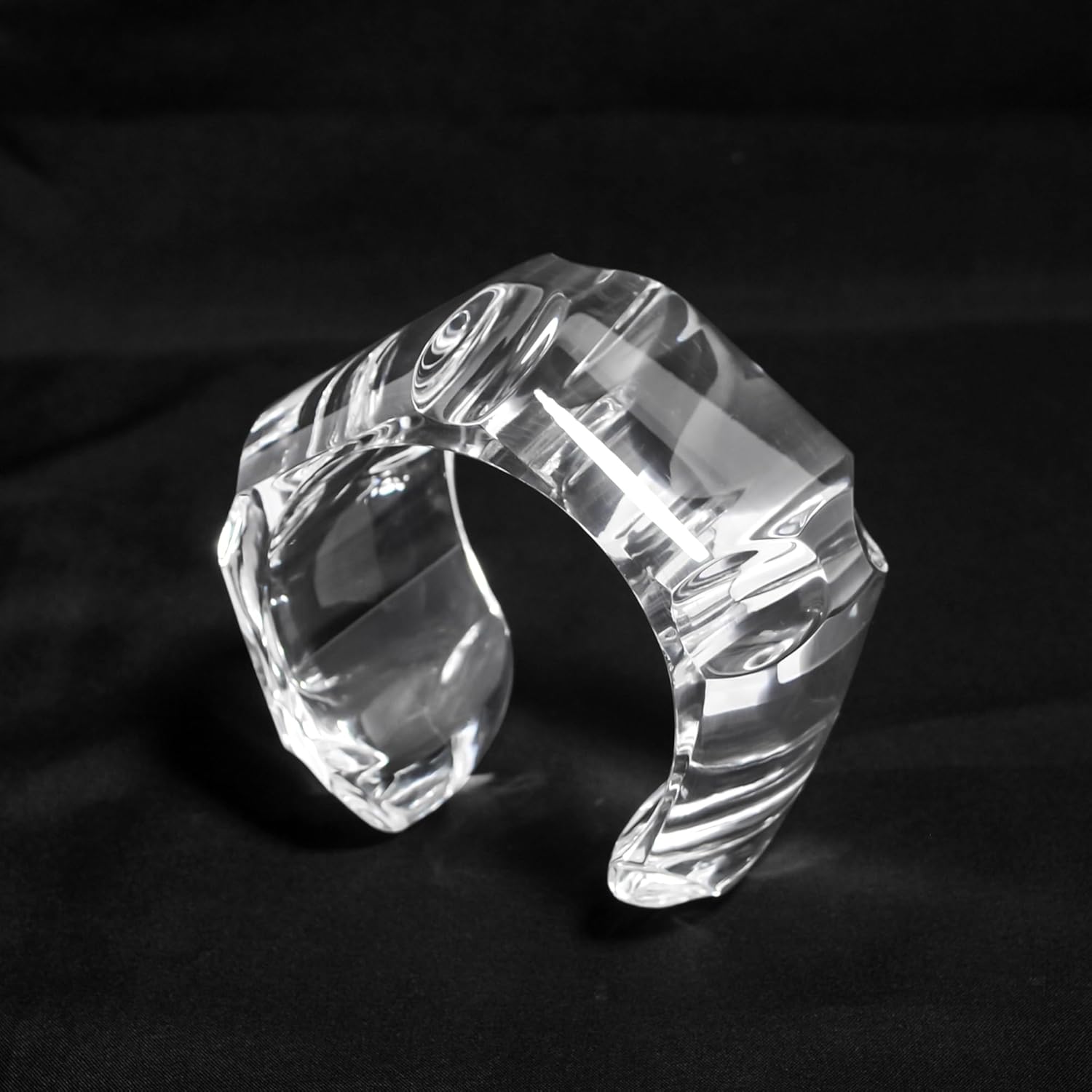 Vertical Faceted Clear Acrylic Wrist Cuff Bracelet | Diaphanus Luminary Handmade Statement Wrist Cuff | Sculptural Open-Ended Design | Satin Finish Light Reflective Jewelry