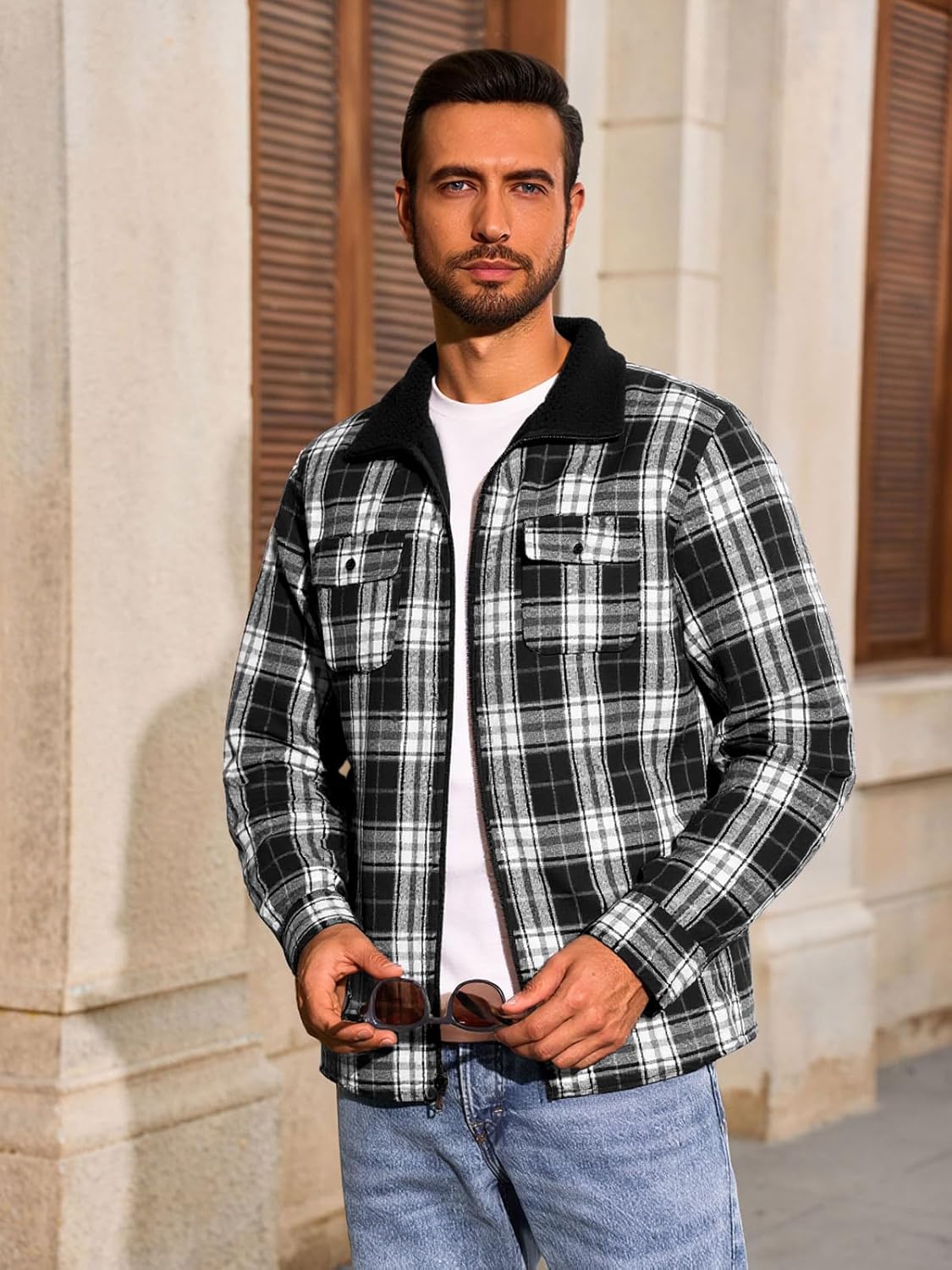 Yousify Mens Sherpa Lined Shirt Jacket Casual Long Sleeve Plaid Shacket Flannel Fleece Full Zip Jacket - Image 2