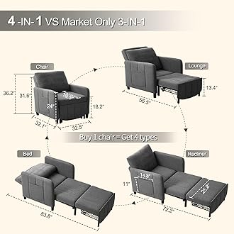 Sleeper Chair 84" Extra Long Convertible Chair Bed Upgraded 3-in-1 to 4-in-1 Pull Out Chair & Single Sofa Bed for Adult Sleeping Chair for Living Room & Small Space (Dark Grey)