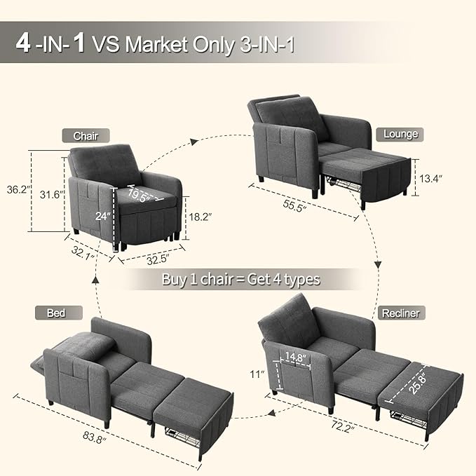 Sillón Cama 84" Convertible 3 en 1 Gris Oscuro miniatura 2